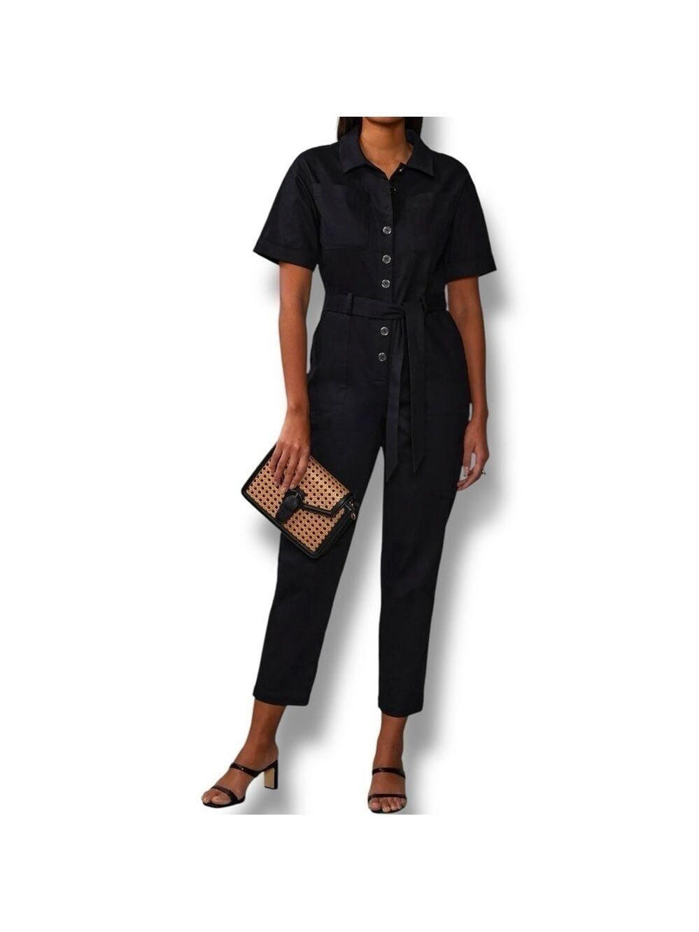 NWT New York & Company Black Silver Short Sleeve Twill Utility Jumpsuit - Medium